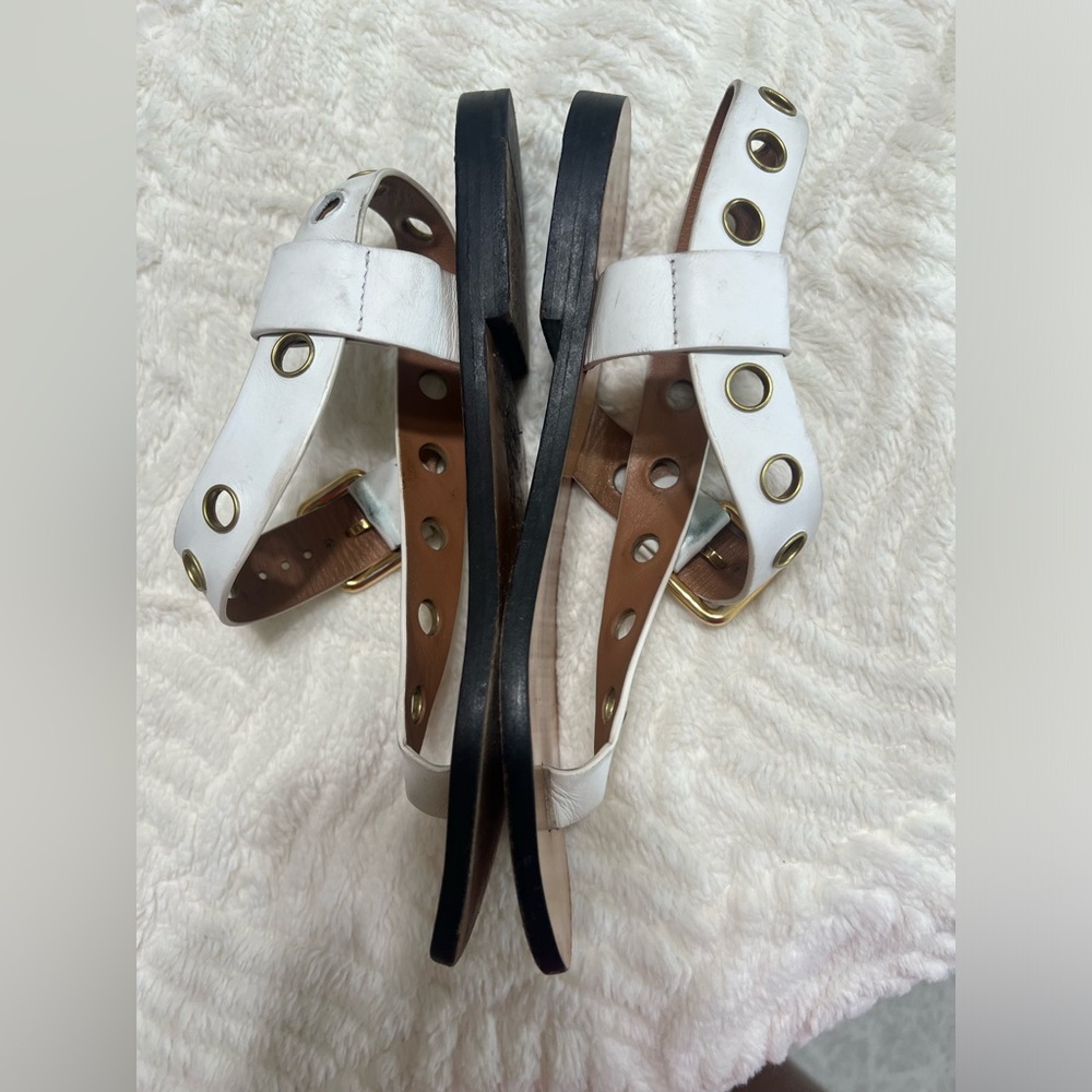 Celine White Leather Grommet Sandals 37.5 Flat Ankle Strap Made in Italy - Picture 9 of 16